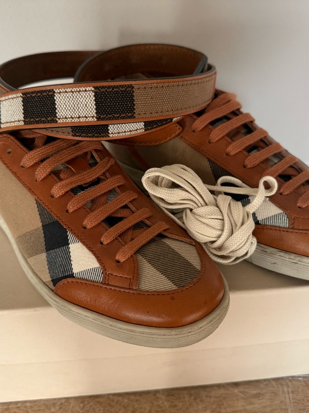 Burberry Tan & Brown Check Leather-Trim Sneakers